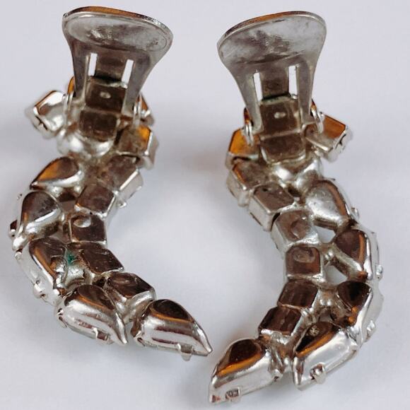 VTG Mid Century Crescent Rhinestone Clip On Earrings Silver Tone 1950s - Picture 9 of 10